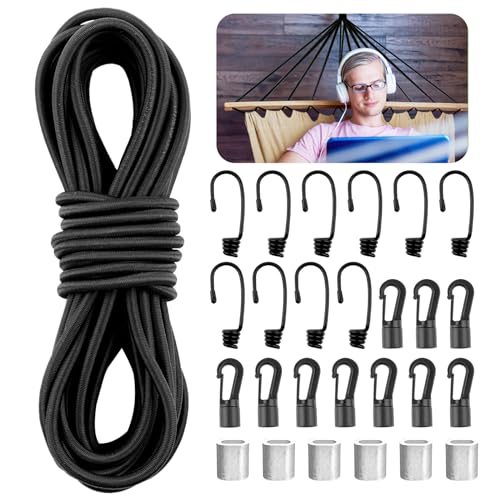 Gummiseil Expanderseil 6mm 10m Elastisches Gummikordel Gummischnur mit 10 Spiralhaken 10 Kunststoffhaken 6 Würgeklemmen Spannseil Schwarz für Anhängerplane Camping Segeln Planenseil