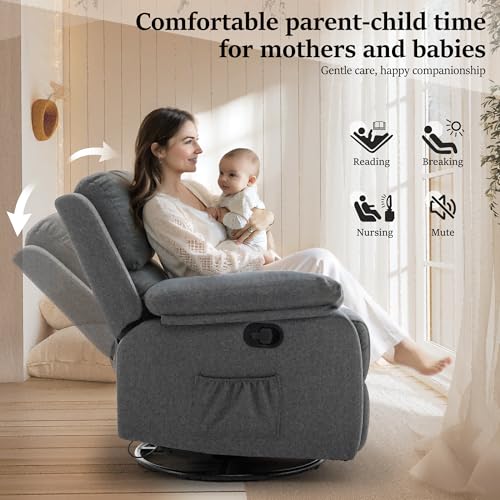 Recliner Chair, 360 Swivel Rocker Chair for Adults, Small Rocking Recliner for Small Spaces, Upholstered Fabric Glider Recliner Nursery Chair with Side Pockets for Living Room, Nursery - Image 4