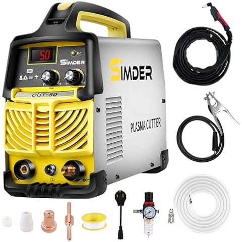 SSIMDER Plasma Cutter 50Amp Plasma Cutter Machine with Dual Voltage 110V/220V Non-Pilot Arc 1/2 Inch Clean Cut Plasma Cutting Equipment with High Frequency Easy Metal Cutter LCD Display IGBT Inverter Cover