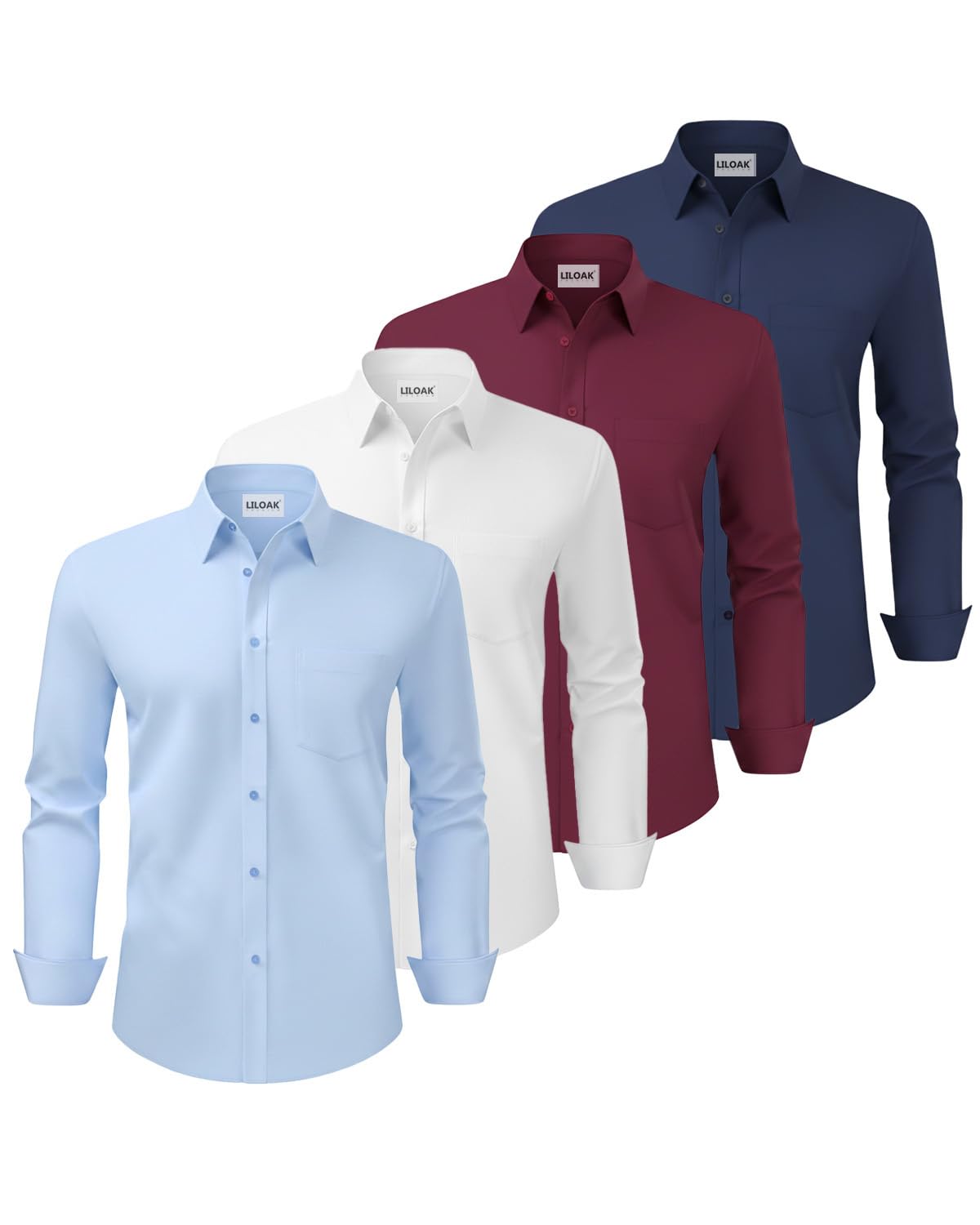 Liloak 4 Pack Men’s Dress Shirts Long Sleeve Button Down Regular Fit Business Wedding Formal Shirts Multi-Pack