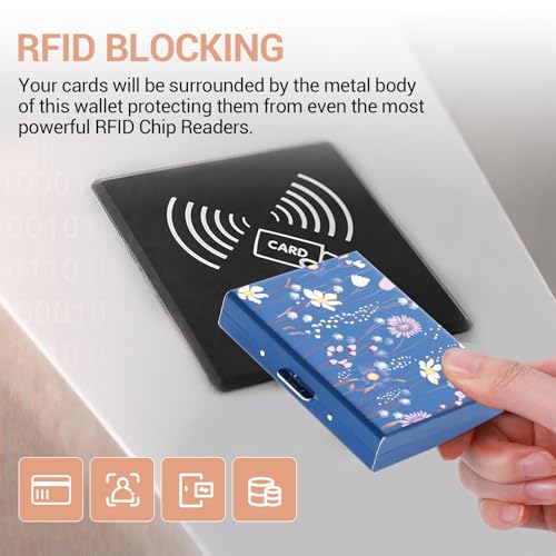 BONSYL® Credit Card Holder Wallet Pro Max Upgraded | 10 Card Slots | RFID Blocking Metal Wallet for Men & Women | Ultra-Slim Design | Easily Removable Money & Cards (10 Card/Blue/Flower)4