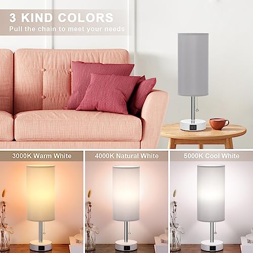 Hong-In Nightstand Lamp With 3 Color Modes -Grey Lamp For Bedroom With Usb-C Usb-A Charging Ports, 3000/4000/5000K Bedside Lamps By Pull Chain, Small Table Lamp For Bedroom, Office, Living Room #TOP1