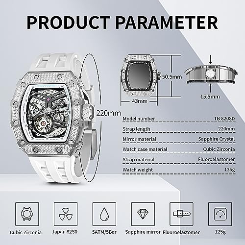 Image of TSAR BOMBA Men's Automatic Watch Tonneau Luxury Skeleton Watches for Men Mechanical 50M Waterproof Analogue Watches Mens Unique Cool Square Big Face Dial Wristwatch with Silicone Strap Band
