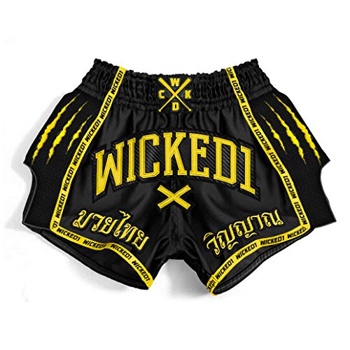 Wicked One Muay Thai & Kickbox Savage - Pantalones cortos de boxeo tailandés para hombre, color negro y amarillo