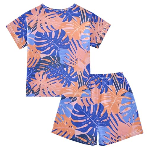ALAZA Blue Palm Leaf Pajamas Short Sleeve 2 Piece Sleepwear Top and Bottom Pajama Set Unisex2