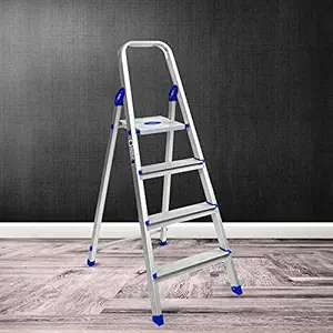 Wakefit Ladder for Home | 5 Year Warranty | Aluminium Ladder, Ladder 4 Step | Foldable, Step Ladder, Lightweight, Sturdy and Self-Supporting, Skid-Free Steps, Broad Top Platform - Silver and Blue