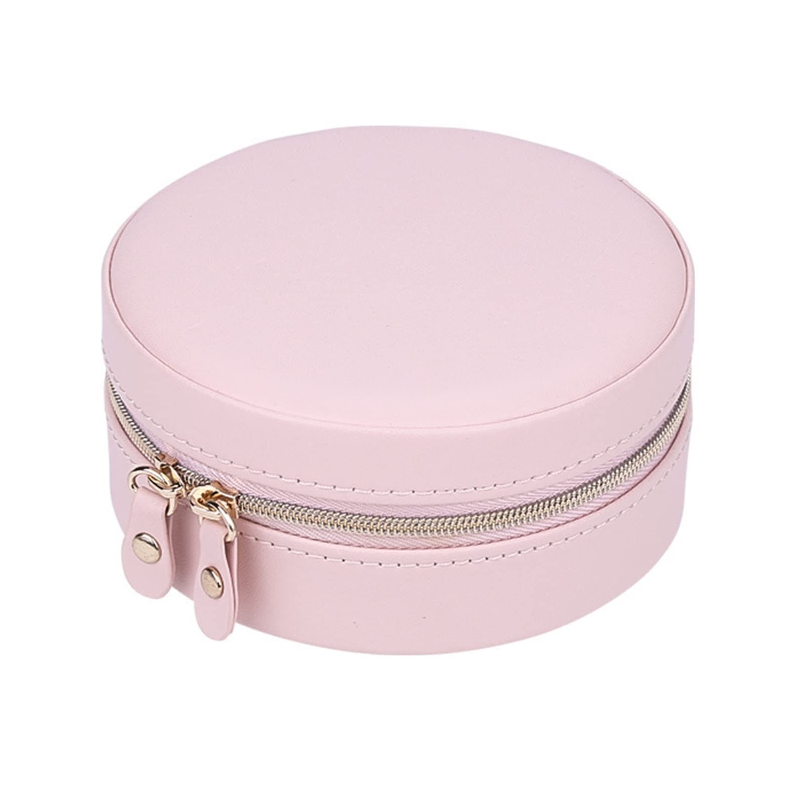 Boîte à bijoux ronde en PU rose double couche avec miroir et fermeture