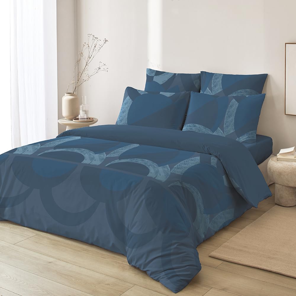 Parure de Lit Alex - Housse de Couette 100% Coton 57 Fils Imprimée Motifs Géométriques - Bleu - Certifiée Oeko-Tex - 260x240 CM + 2 Taies