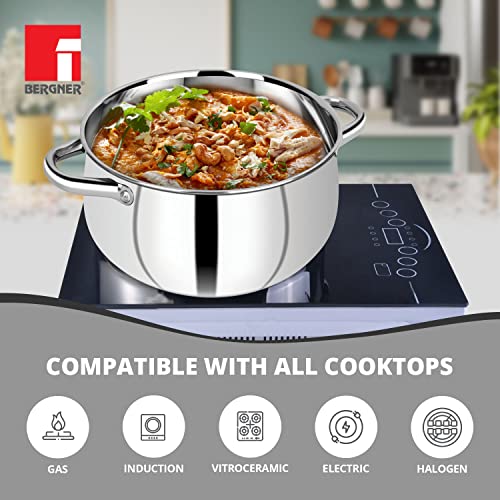 Image of Bergner Acier Stainless Steel Set of 2 Cook and Serve Casserole with 2 Glass Lids, 4 pcs, 2 Casseroles 16cm with 2 Glass Lids, Induction Bottom, Gas Ready, Silver