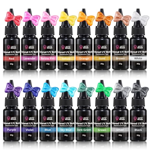LETS RESIN Pearlescent UV Resin Upgraded 16 Colors Colored UV Resin Vibrant UV Rsin Starter Kit for Jewelry Making Keychains Nail Art Low Odor & Few Bubbles for Casting Decor(30g Each)