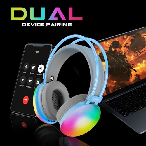 truke Newly Launched BTG Thunder Over The Ear Gaming Headphone with 70H of Playtime, 40mm Titanium Drivers, Dual Pairing Headset, Gaming Mode (40ms Latency) with RGB LEDs, Detachable Mic, BT 5.4-Blue 7 51y7pA+kBIL