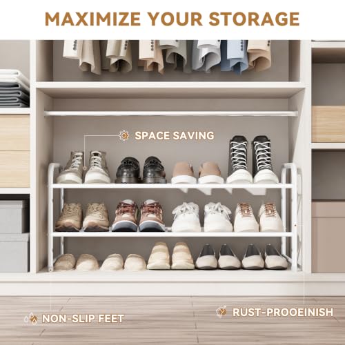 Image of 2 Tier Shoe Storage Rack with Steel Mesh Shelves for Entryway, White | 33 Inch Wide, Sturdy Metal, Stackable & Adjustiable Shelf Height, Easy Assembly