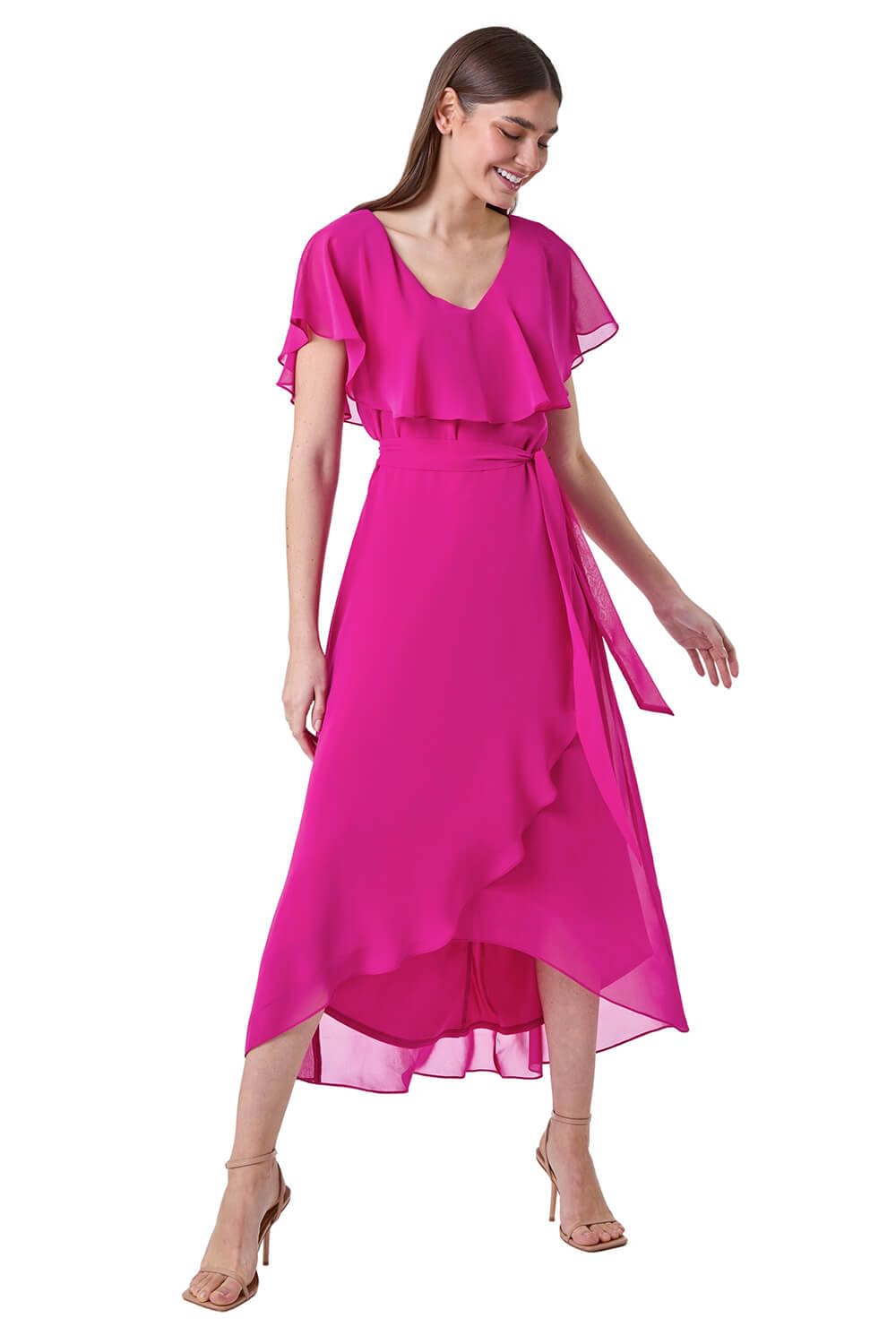 Roman Originals Frill Dress for Women UK Ladies Summer Wrap Chiffon Frill Hem Layered Belted Midi Maxi Tiered Cape Special Occasion Fit & Flare Wedding Guest Swing Skater - Fuchsia - Size 10