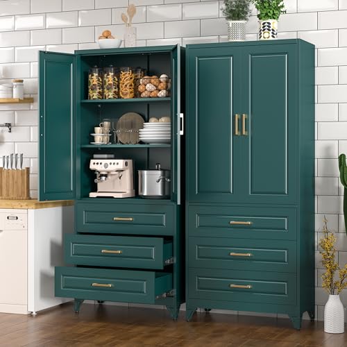 Image of Polup 75 inch Tall Metal Storage Cabinet with Doors and Shelves, Heavy Duty Green Kitchen Pantry Cabinet with 3 Drawers, Freestanding Food Cupboard Storage Organizers for Laundry, Garage, Dining Room