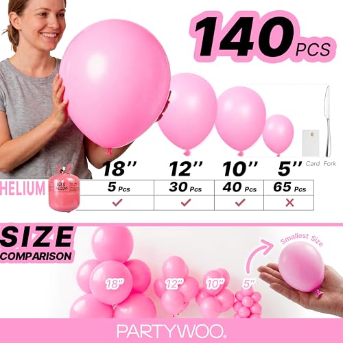 Image of PartyWoo Pink Balloons 140pcs Different Sizes of 18 12 10 5 Inch Matte Pink Balloon Arch Kit for Baby Shower Gender Reveal Princess Bachelorette Engagement Birthday Party Decorations Pink-Y11