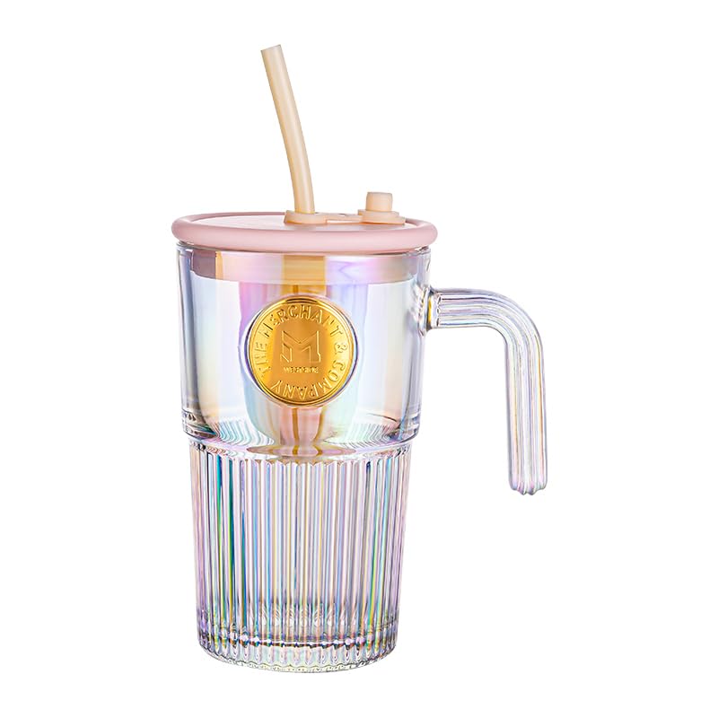 Avastro 500ml Glass Cup with Straw and Lid, Office Water Bottle, Home Juice Drink Milk Tea Coffee Cup with Handle, Pack of 2 1