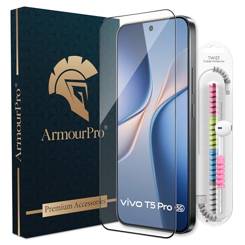 Image of ArmourPro Military-Grade Tempered Glass for Vivo T5 Pro - 9H Anti Scratch, Edge-to-Edge Coverage, HD Clarity, Smooth Touch, Case Friendly, Easy Installation Kit with Cable Protector
