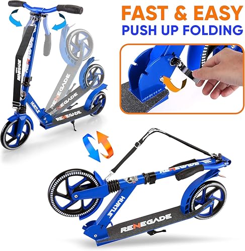 Image of Hurtle Renegade Kick Scooter for Kids, Teenagers & Adults - 2-Wheel Folding Scooter with Adjustable T-Bar Handlebar - Alloy Anti-Slip Deck