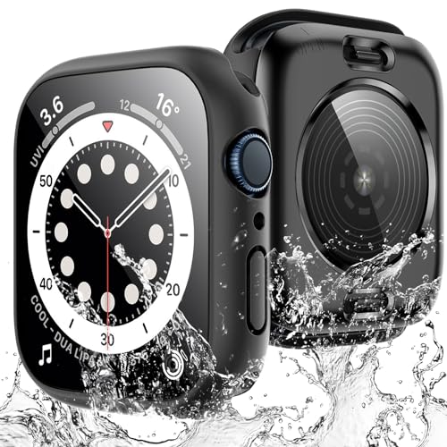 TAURI 2 Pezzi Cover Impermeabili per Apple Watch SE 3/2/1/ Series 6 5 4 44mm, [Certificazione IPX8 Impermeabile] con 9H in Vetro Temperato,[Protezione Completa] Copertura Sottile da 44mm-Nero