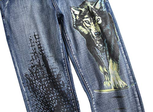 chouyatou Men's Cool Stylish Wolf Pattern Print Regular Fit Distressed Stretch Denim Jeans Pants3
