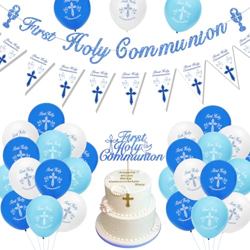Holy Communion Decorations First Communion Decorations Confirmation Decor Blue Banner Pennant Bunting Balloons Cake Topper for Boys Christening Gifts