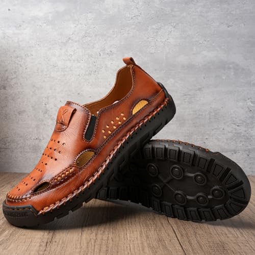 Men's Leather Fisherman Sandals Comfortable Closed-Toe Slip-On Non-Slip Cushioned Sole Breathable Hollow Out Summer Casual Shoes4