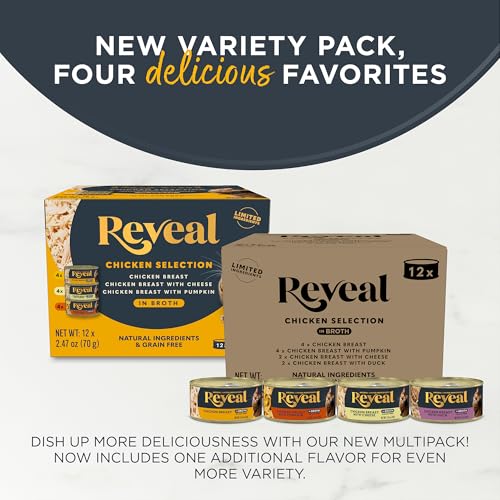 Image of Reveal Chicken Variety Pack Wet Cat Food in Broth 12-Pack, 4-Flavor, Protein, Limited Ingredient, Grain Free, Canned Cat Food, No Fillers, No By-Products (12 x 2.47 oz Cans)