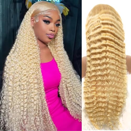 Grcabeir 30 Inch 613 13x6 Deep Wave Lace Front Wig Human Hair Blonde Wig Human Hair 613 Curly HD Lace Front Wigs 200% Density Pre Plucked With Baby Hair for Women