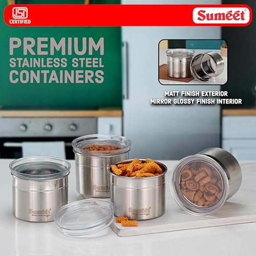 Image of Sumeet ISI Certified Stainless Steel Small Canisters /Dabba /Storage Containers for Kitchen with See Through Air Tight Lid - Set of 4 Pcs - 550ml, 10cm Dia, Silver
