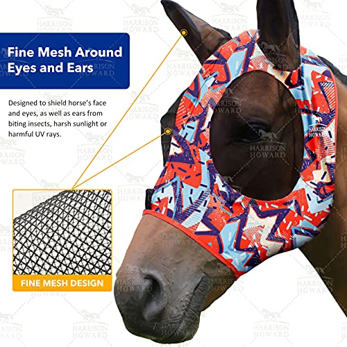 Harrison Howard Super Comfort Stretchy Fly Mask Large Eye Space with UV Protection Soft on Skin with Breathability Orange Geo-Print - Image 3