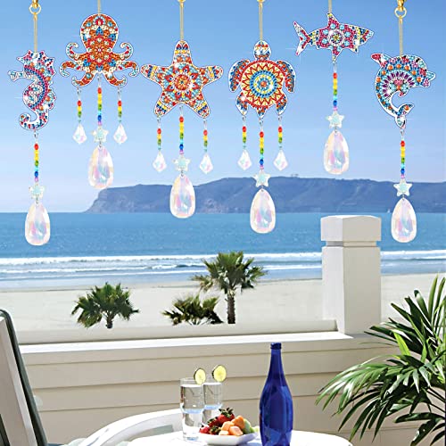 6 Pcs Diamond Painting Suncatcher, Double Sided 3D Diamond Painting Wind Chime Paint By Number, Diamond Painting Hanging Ornaments For Adults Kids Home Garden Ocean #TOP4