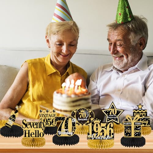Image of 70th Birthday Decorations Men - 9PCS Vintage 70th Birthday Party Table Decorations for Women Black Gold Table Topper Honeycomb Centerpiece Supplies Seventy Year Old Birthday Party