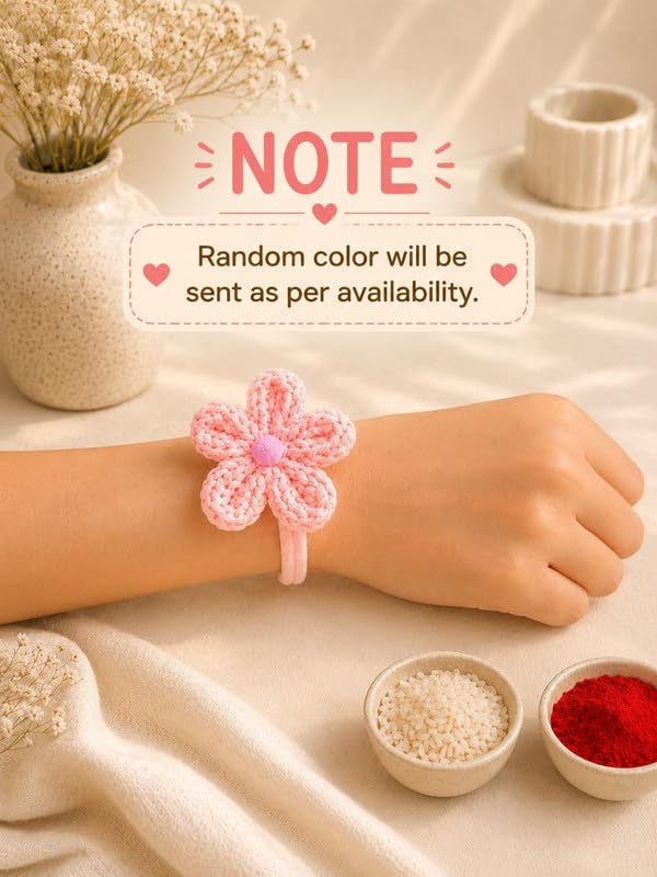 Image of Crochet Floral Rakhi for Brother with Handmade Yarn Flower Design, Reusable Decorative Style, Raksha Bandhan Gift Set for Brother and Family