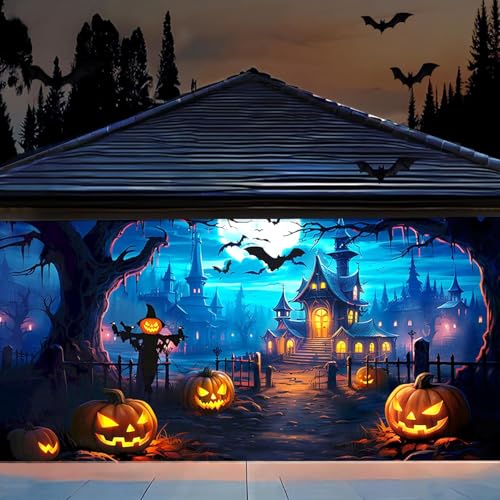 Halloween Garage Door Banner 7x16 Ft - Spooky Night Backdrop (Blue)