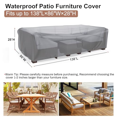 Mrrihand Heavy Duty Patio Furniture Covers, Outdoor Furniture Covers Waterproof Sectional Sofa Set , Patio Table and Chair Set Cover 138"L×86"W×28"H,Grey by Mrrihand - Image 2