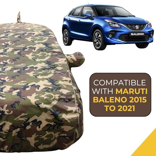 Image of Autofact Waterproof Car Body Cover Compatible with Maruti Baleno (2015 to 2021), with Mirror and Antenna Pockets,4x4 American Matty, Long Lasting Durable Material, Camouflage Army Look