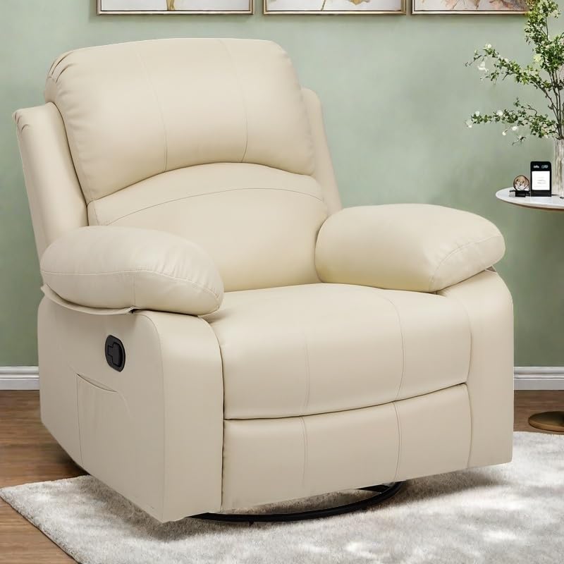 DWVO Rocker Recliner Chair with Heat and Massage, Manual Reclining Chair with Overstuffed Armrest, Rocking Function and Side Pocket, Faux Leather Recliner for Living Room,Brown, Biege