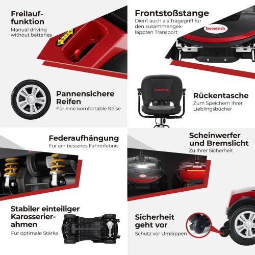 Scooter de movilidad 6 km/h para mayores, 4 ruedas, motor 300 W, carga 136 kg, batería extraíble, asiento 360°, luz LED, rojo