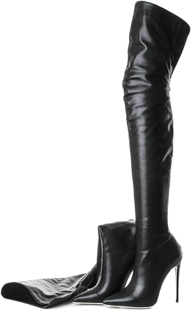 LUXMAXWomens Stretch Stiletto Thigh High Leather Pointed Over Knee Boots