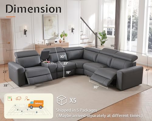Image of AMERLIFE Power Recliner Sectional Sofa with Storage /USB Port, Leather Recliner Sofa with Adjustable Headrest, Reclining Sectional Couches with Console and Cup Holder for Living Room (Gray, 5-Seater)