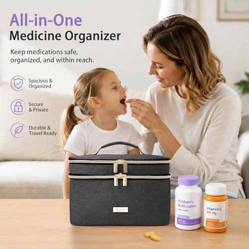 Image of Lexeeco Medicine Storage Bag Pill Bottle Organizer with Portable Small Pouch Travel Medication Bottle Organizer for Emergency Home First Aid Box Kit (Black)