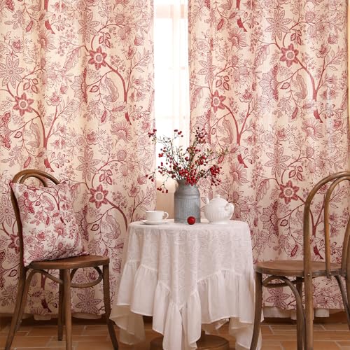 Image of ISAENNE Designer Elegant Linen Printed Curtains,2 Panels,94 inchx65 inch-Ruyi A | Vintage French Cottage Curtain with Grommets 94 inch long,Red Floral Pattern Draps,kitchen Bedroom Living Room Window