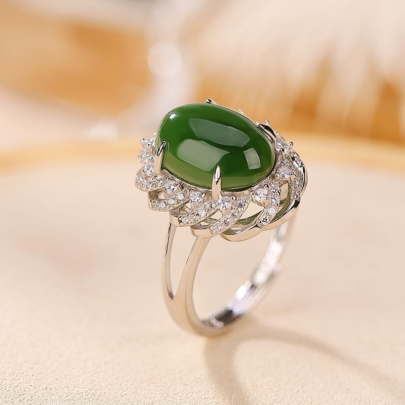14K Gold S925 Sterling Silver Real Natural Jade and Moissanite Ring, Egg Shape Hollow Design, Elegant Jade Jewelry Gift for Her Sophistication - Image 5