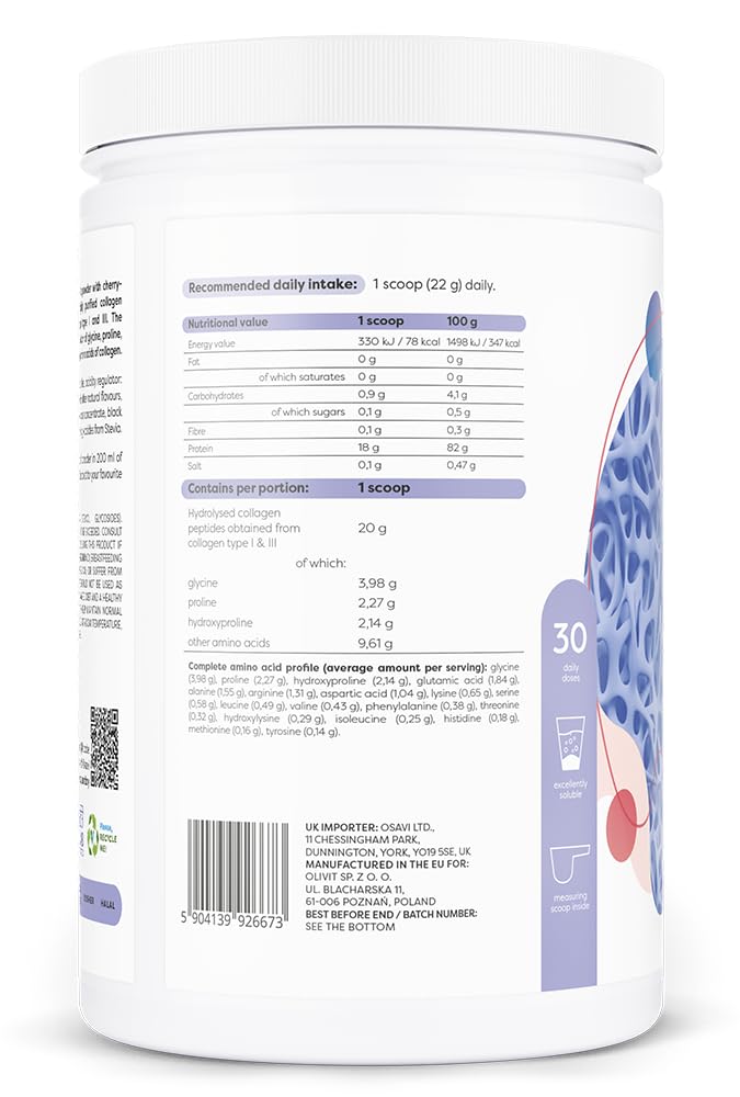 Osavi Hydrolysiertes Kollagen Typ I & III – 660 g Pulver | Kirsch-Erdbeer-Geschmack | 20 g Peptide pro Portion | 18 Aminosäuren inkl. Glycin & Prolin | Unterstützt Muskeln & Knochen | Leicht löslich