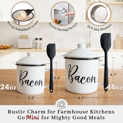 Image of Ayerphalo 24oz Enamel Bacon Grease Container with Strainer, Farmhouse White