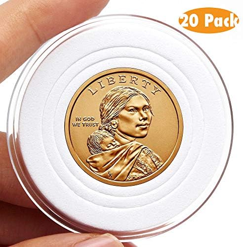 AukeyStar Round Clear Coin Capsules, 20 Pieces Coin Holder Case of 6 Size (16/21/26/31/36/46mm) with Adjustable Gasket for Coin Collection Sacagawea Native American US Dollar& Jefferson Proof 5 Cent
