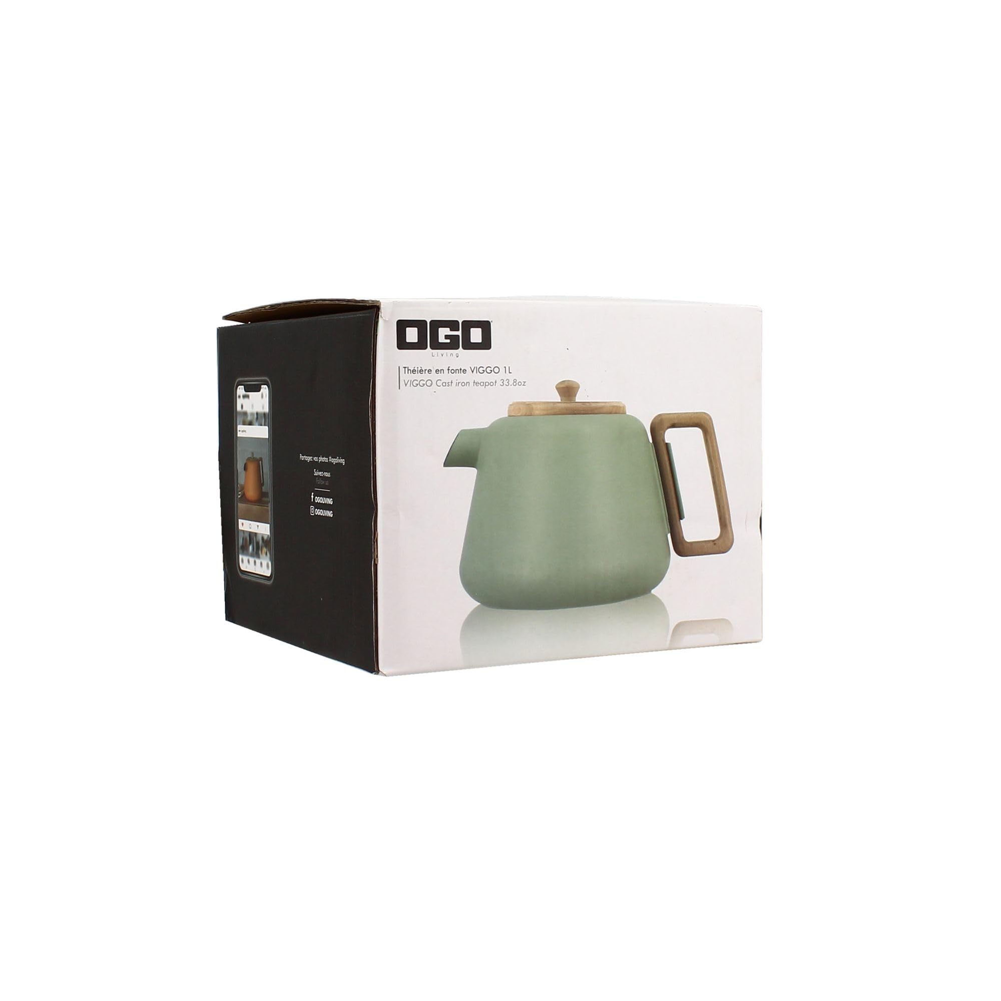 OGO LIVING - Teiera in ghisa Viggo 1000 ml Mandorla con filtro in acciaio inox - Manico e coperchio in legno - Ideale per gli amanti del tè