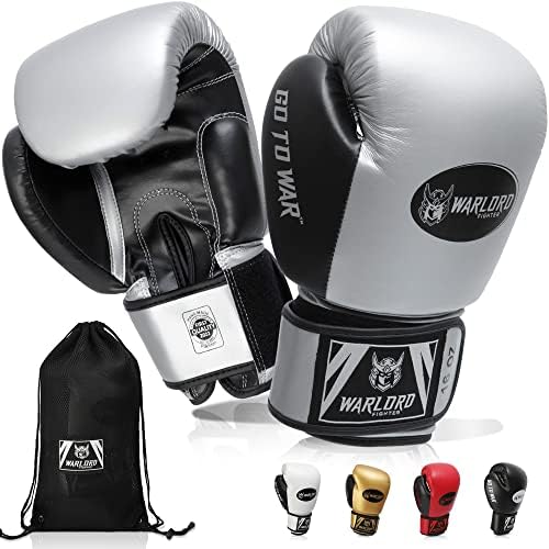WARLORD Kanabo Superior Boxing Gloves Men, Muay Thai Gloves, MMA Gloves, Kickboxing Gloves, Punching Bag Gloves, Boxing Bag, Heavy Bag Gloves, Boxing Equipment, Pre Workout Sets (Silver, 16 oz)