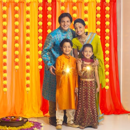 Image of Indian Pooja Backdrop Decoration Items 7x5ft Diwali Backdrop 5 Artificial Marigold Garland Set Mehndi Home Decorations for Janmashtami, Varalakshmi, Haldi, Puja, Ganesha Party Decor