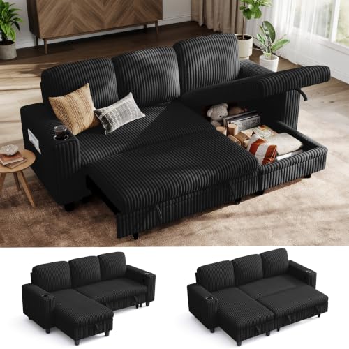 Image of LINSY HOME Sectional Couches for Living Room, 81 inch L Shape 3 Seats, Black | Sleeper sofa with pull out couch bed, corduroy couch with storage
